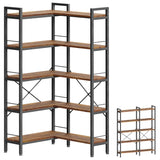 Huuger 5 Tier Bookshelf, L Shaped Corner Bookshelf with 10 Open Shelves, 49.4 Inch Straight Wide Bookcase with Metal Frame and Wooden Board, Adjustable Feet, Rustic Brown Huuger