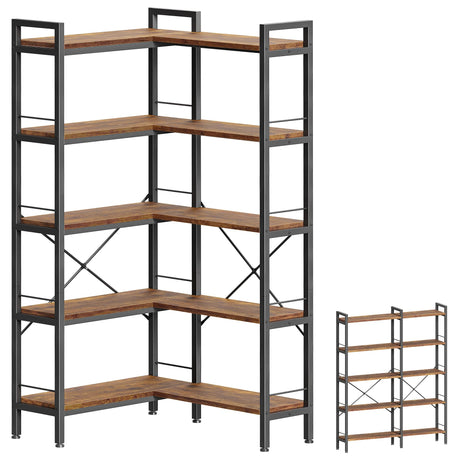 Huuger 5 Tier Bookshelf, L Shaped Corner Bookshelf with 10 Open Shelves, 49.4 Inch Straight Wide Bookcase with Metal Frame and Wooden Board, Adjustable Feet, Rustic Brown Huuger