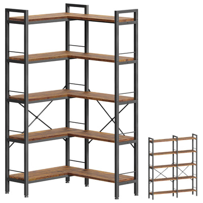 Huuger 5 Tier Bookshelf, L Shaped Corner Bookshelf with 10 Open Shelves, 49.4 Inch Straight Wide Bookcase with Metal Frame and Wooden Board, Adjustable Feet, Rustic Brown