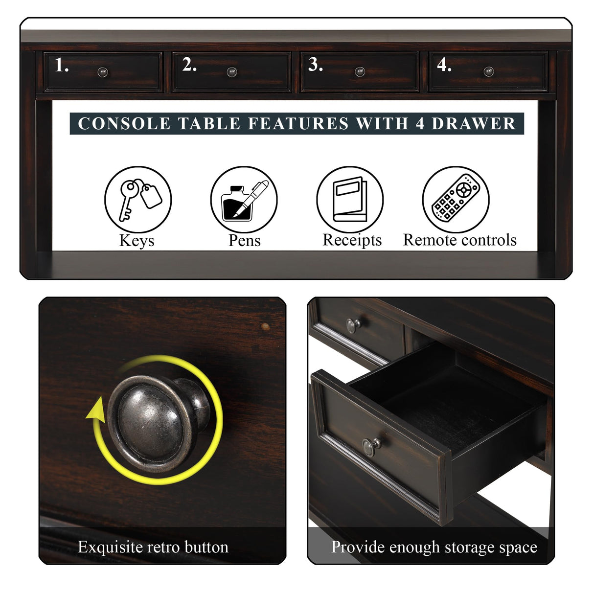 LKTART Solid Wood Console Table 63 in Sofa Table with Storage Drawers and Bottom Shelf Farmhouse Entryway Table for Hallway Foyer Sofa Couch Table LKTART