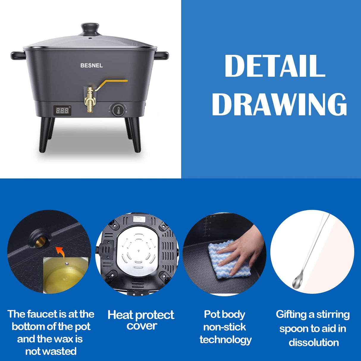 BESNEL Wax Melter for Candle Making, Electric Non-Stick Wax Melter Holds 8Qts of Wax,Soy Wax for or Soap Business Candle Making with Heat Resistant Handle & Brass Spout,Temp Control (Black) VOISEN