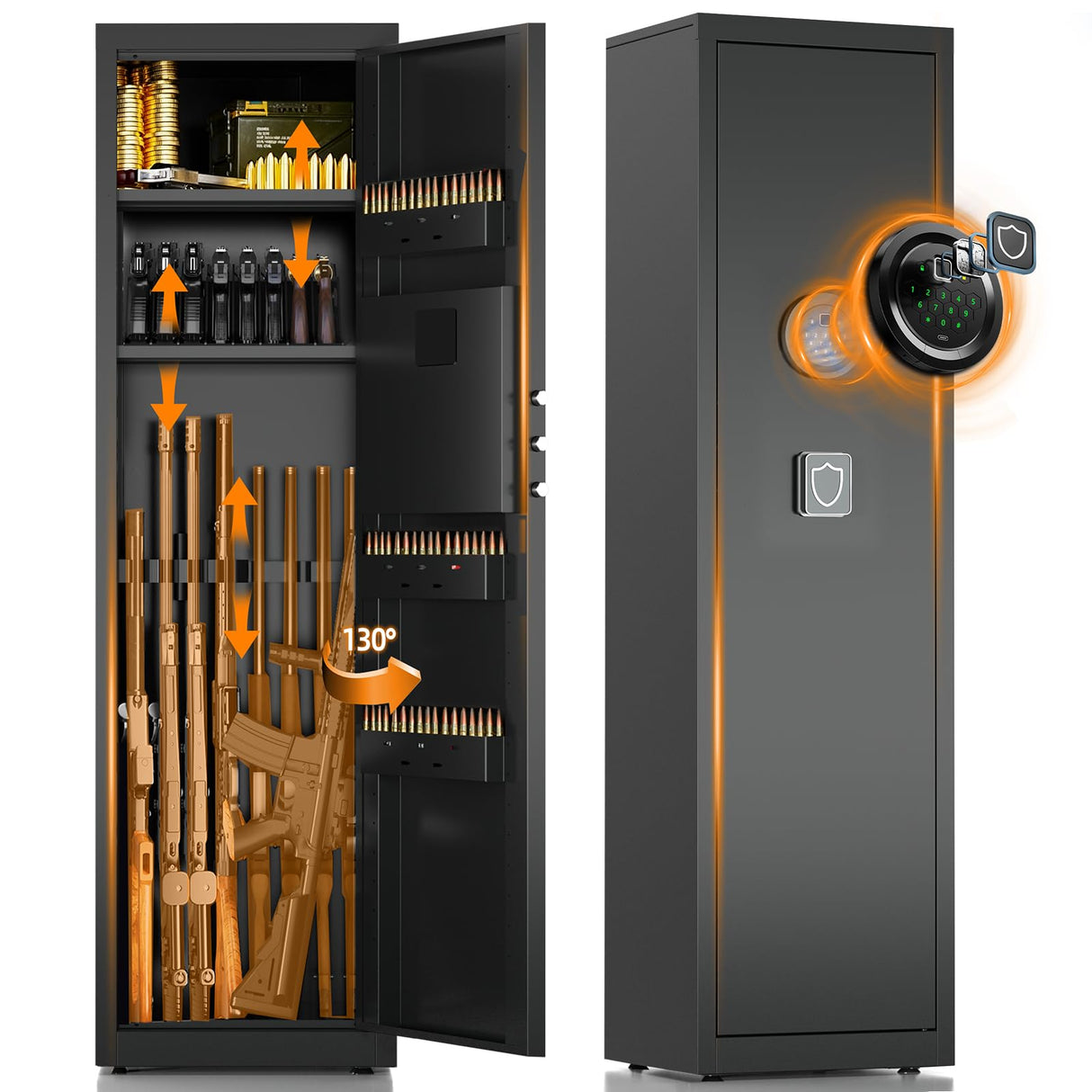 6-9 Gun Safe for Rifles and Pistols, Quick Access Electronic Key Lock, Alarm Mute Function, Black Steel, Adjustable Shelves & Gun Racks, Floor Mount Karuikev