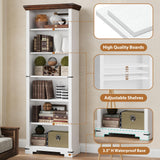 HOTLUU 6-Tier Farmhouse Bookshelf, 73 inch Tall Book Shelf with Unique Design & 2 Adjustable Shelves, Wooden Bookshelf for Study Room, Living Room, Kitchen, Bedroom (White) HOTLUU