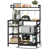 HOOBRO Kitchen Bakers Rack with Power Outlet, Coffee Bar, Microwave Oven Stand with Mesh Basket, Coffee Station with 4 S-Shaped Hook, Kitchen Shelf, for Kitchen, Living Room, Black BB05HB01 HOOBRO