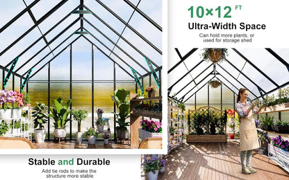 CDCASA 12x10x10 FT Greenhouse for Outdoors, Easy Assembly Large Aluminum Heavy Duty Polycarbonate Greenhouses Kit w/2 Vent Window, Swing Door, Walk-in Green House for Sunroom Patio, Backyard, Garden