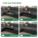 HONBAY Sectional Sleeper Sofa Pull Out Bed with Storage Chaise, Sleeper Sectional Sofa Couch, Sectional Sleeper Bed for Living Room, Dark Grey HONBAY