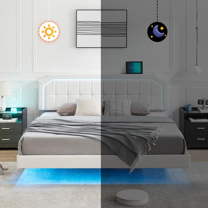 IDEALHOUSE King Size Floating Bed Frame with RGB LED Headboard and Adjustable Upholstered Design - WoodArtSupply