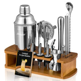 KITESSENSU Cocktail Shaker Set Bartender Kit with Stand | Bar Set Drink Mixer Set with All Essential Accessory Tools: Martini Shaker, Jigger, Strainer, Mixer Spoon, Muddler, Liquor Pourers |Silver KITESSENSU
