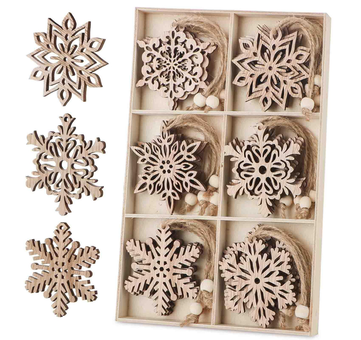 Binswloo 24pcs Wooden Snowflakes Ornaments, Unfinished Wood Cutouts Christmas Tree Hanging Ornaments for Crafts, Rustic Xmas Decorations Binswloo