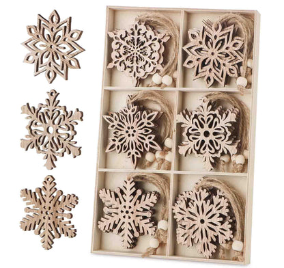 Binswloo 24pcs Wooden Snowflakes Ornaments, Unfinished Wood Cutouts Christmas Tree Hanging Ornaments for Crafts, Rustic Xmas Decorations