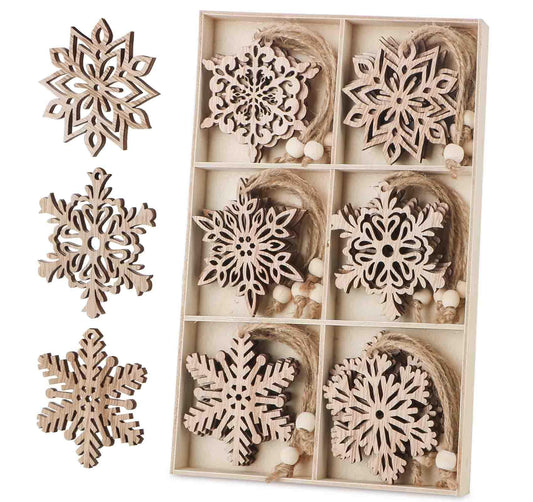 Binswloo 24pcs Wooden Snowflakes Ornaments, Unfinished Wood Cutouts Christmas Tree Hanging Ornaments for Crafts, Rustic Xmas Decorations