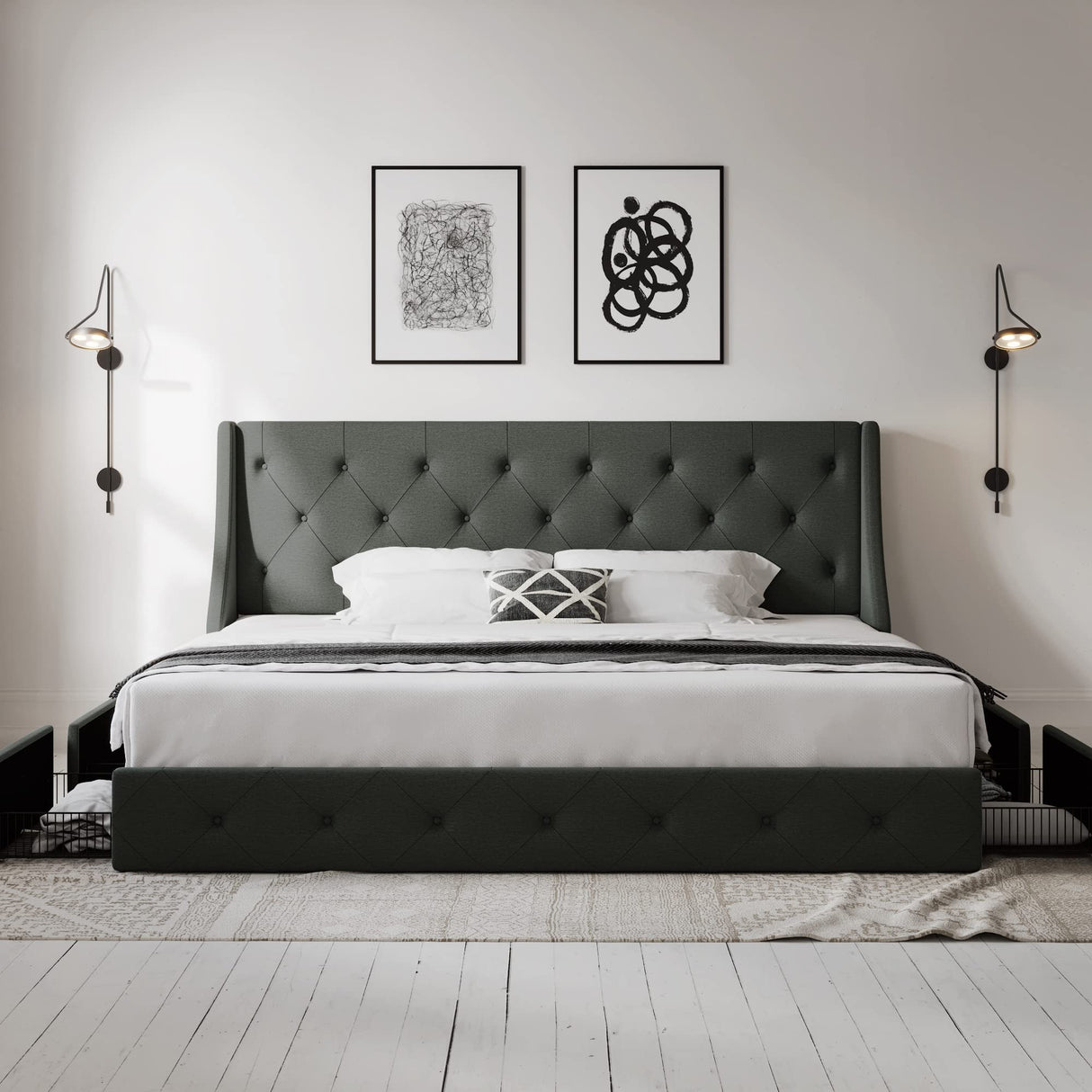 Allewie King Size Bed Frame with 4 Storage Drawers and Wingback Headboard, Button Tufted Design, No Box Spring Needed, Dark Grey Allewie