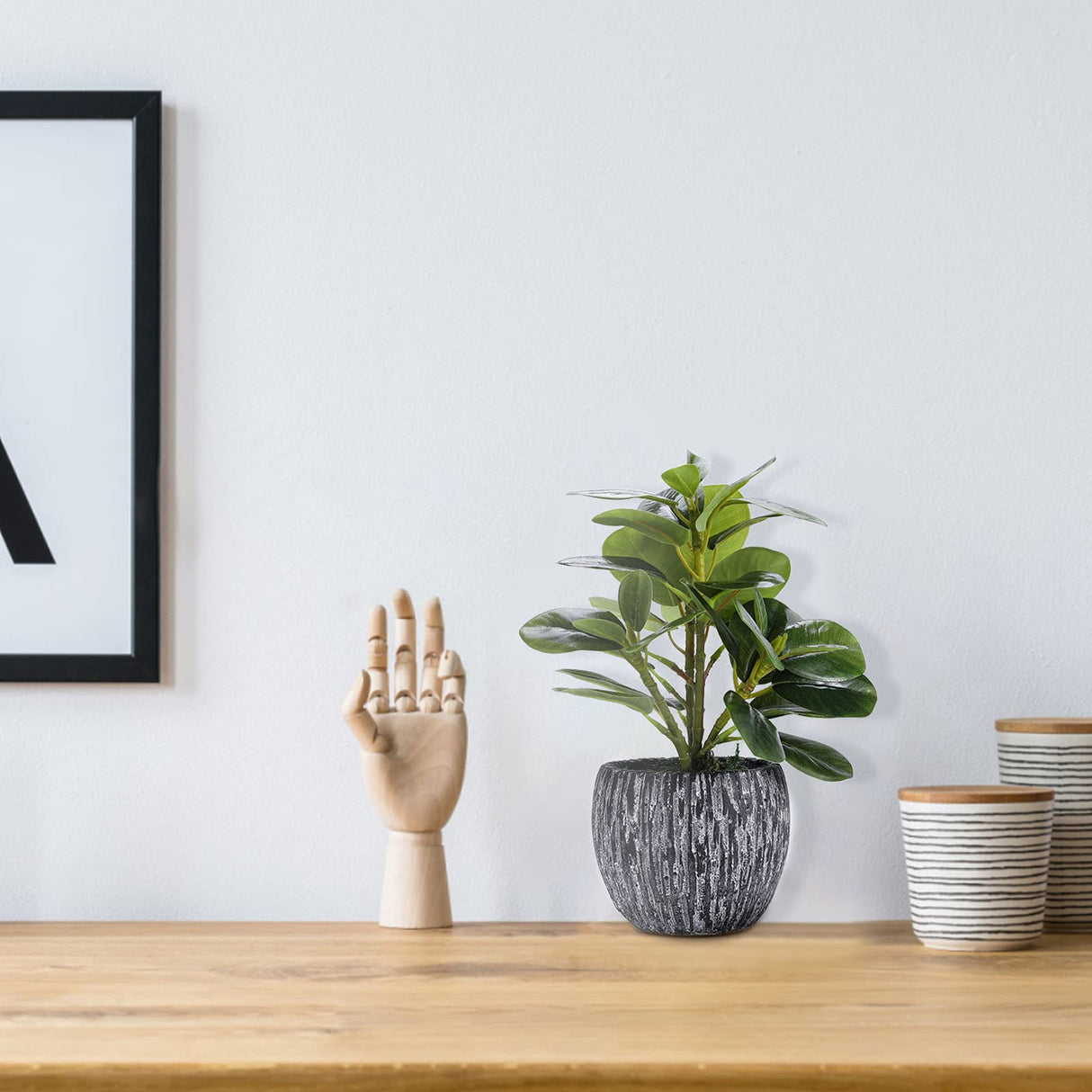 Artificial Potted Plant, Real Touch Artificial Oak Leaves Waterproof Fake Plants Indoor Outdoor, Eco Friendly Modern Concrete Greenery Plant Pots for Office Home Kitchen Shelf Farmhouse Decor SHOHAYTO