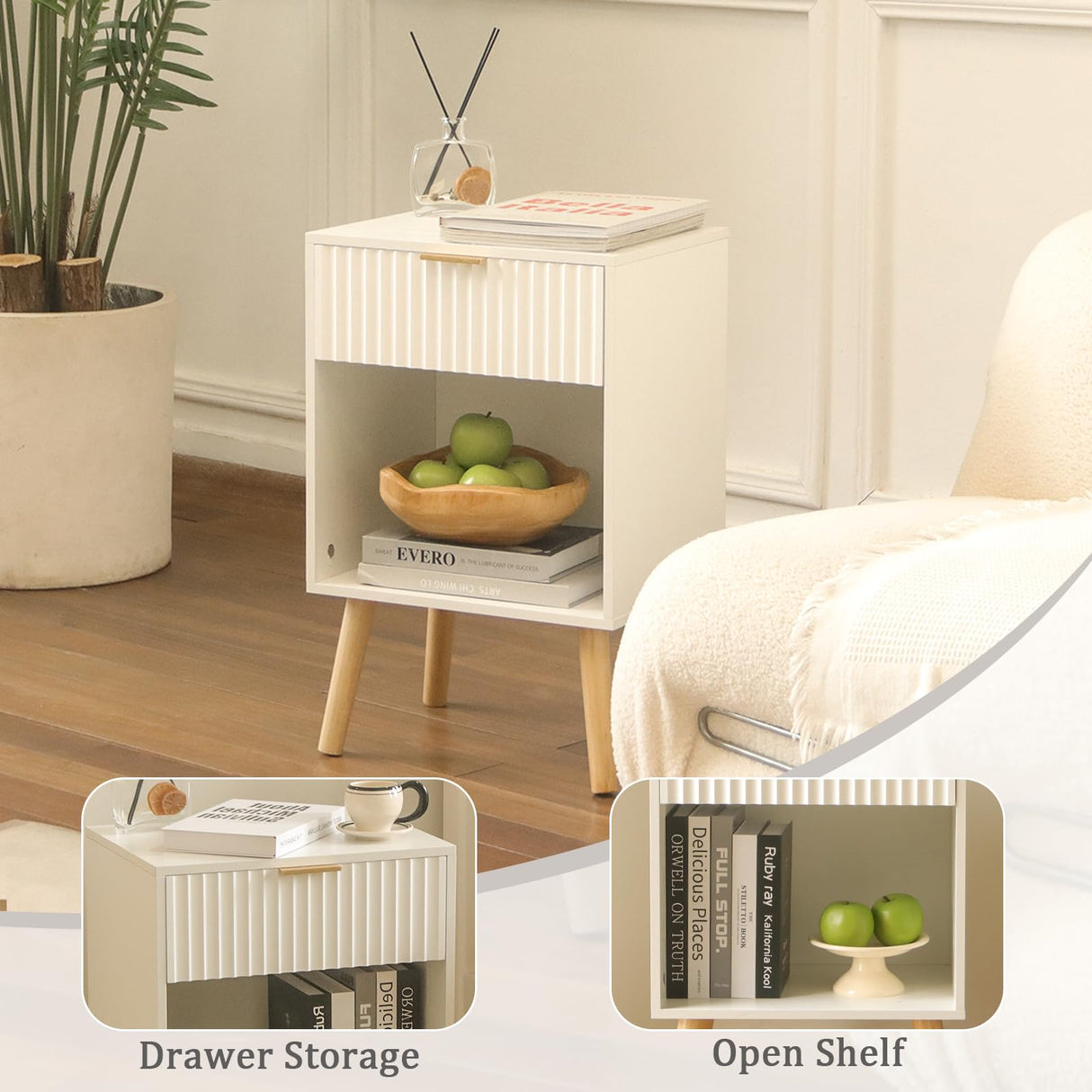 Fultyle White Nightstand, Modern Bedside Table with Drawer and Opening Storage, Fluted End Side Table Living Room with Solid Wood Legs for Bedroom (White) Fultyle