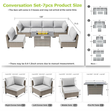 SUNPEAK Patio Furniture Set Q01 Series Sofa 7 Pieces Outdoor Furniture Set Sectional Couch with Fire Pit Table Balcony Furniture Patio Table and Chairs Set with Propane Fire Pit SUNPEAK