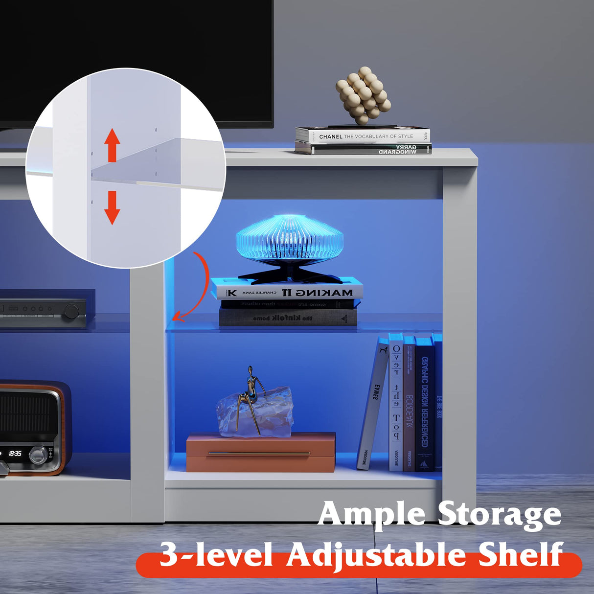 WLIVE LED TV Stand for 65-Inch TV, 58-Inch Entertainment Center with Adjustable Glass Shelves, Modern Media Console for Living Room & Bedroom, White WLIVE