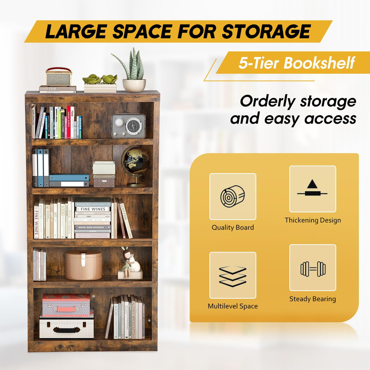 PayLessHere Modern Brown 5-Tier Bookshelf for Stylish Storage and Organisation PayLessHere