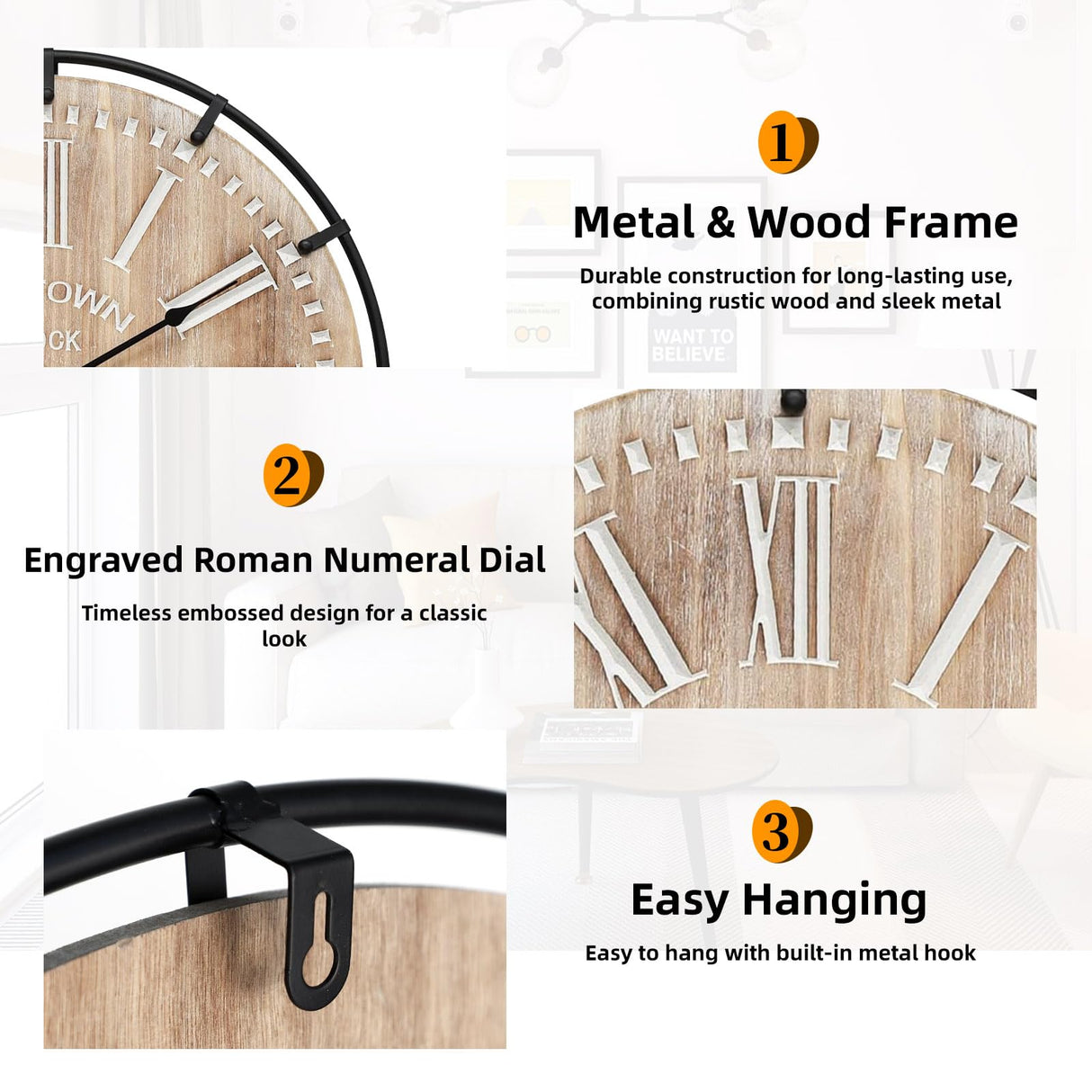 UPPER DECOR 24 Inch Large Farmhouse Wall Clock - Rustic Wooden Silent Wall Clock with Metal Circle & Engraved Numerals, Battery Operated for Kitchen, Bedroom, Living Room, Fireplace Mantel Decor UPPER DECOR