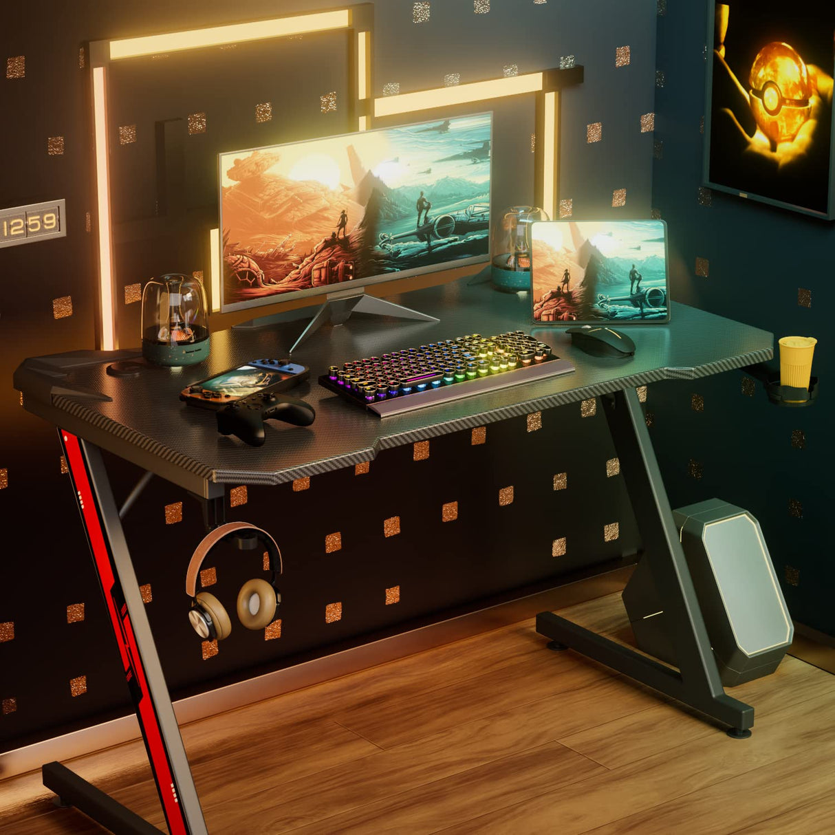 Homall Gaming Desk, Computer Desk with Carbon Fiber Surface, Gaming Table Z Shaped PC Gaming Workstation Home Office Desks with Cup Holder and Headphone Hook (44 inch, Black) Homall