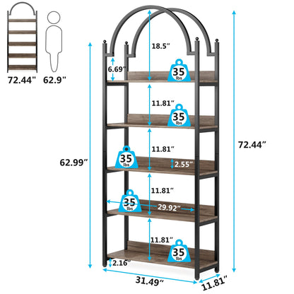 Tribesigns 72-Inch Arched Bookcase with 5 Rustic Wood Shelves and Black Metal Frame for Industrial Style Home Decor - WoodArtSupply