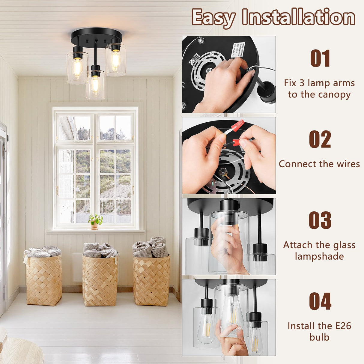 Feanron Farmhouse Flush Mount Ceiling Light, Black 3-Light Hallway Light Fixtures Ceiling with Clear Glass Shades, Light Fixtures Ceiling Mount for Kitchen Living Room Foyer, E26 Base Feanron