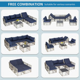 FHFO 7 Pieces Outdoor Patio Furniture Set, Wicker Outdoor Sectional Conversation Couch Set with Adjustable Backrest Sofa, Thick Cushion & Coffee Table for Garden, Porch, Poolside, Grey/Blue FHFO