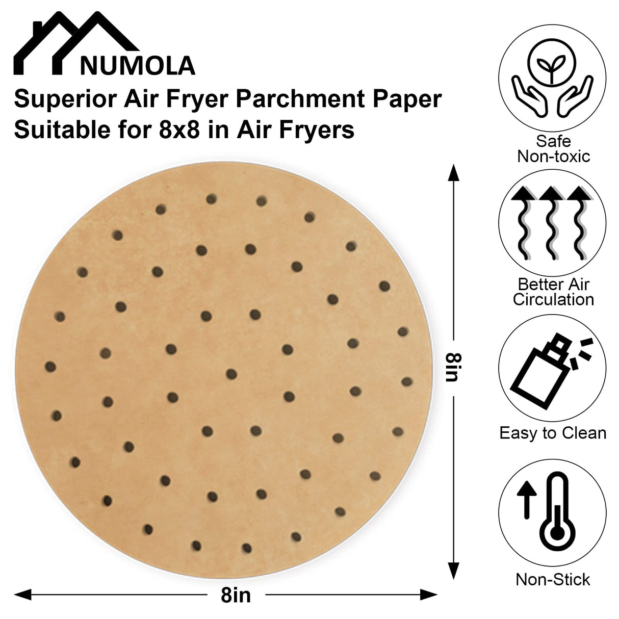 Numola Air Fryer Parchment Paper Liners, 100 Pcs Air Fryer Disposable Paper Liner for 3.4-7QT Air Fryer, 8 Inch Safe Air Fryer Paper, Non-stick Steamer Liner for Microwave, Steaming Basket Numola
