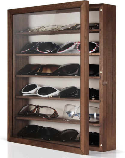 TJ.MOREE Sunglasses Organizer Storage Wall Mounted: 13 x 15.6 inches Eyewear Display Case Rustic Wood Eyeglasses Holder Large Glasses Storage Box, Brown