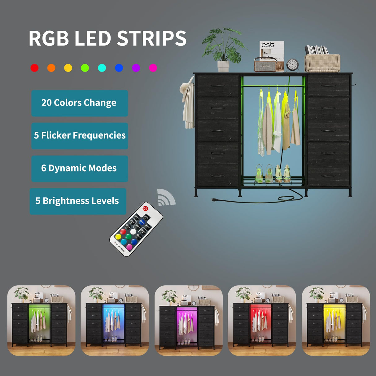 LUMTOK 55" W 2-in-1 Dresser with Hanging Rack, 10 Drawers Dresser for Bedroom,Dressers with Fabric Drawers,LED Lights, Charging Station and Hanging Racks for Bedroom LUMTOK