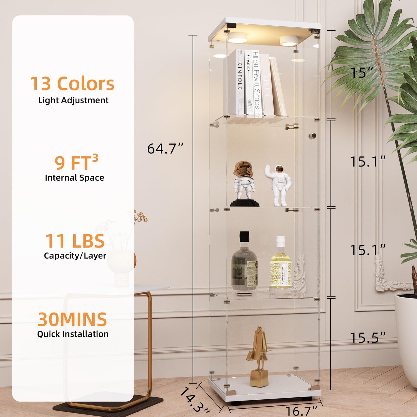 LFT HUIMEI2Y Glass Display Cabinet with LED Lights and Lock, 4-Shelf Curio Cabinets with Door, Tempered Glass Collection Display Showcase for Bedroom, Living Room 65”x 17”x 14.5” White