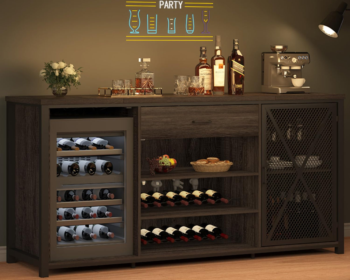 LVB Long Bar Cabinet with Fridge Space, Farmhouse Big Liquor Cabinet with Drawer Storage, Rustic Wood Metal Large Wine Cabinet with Rack, Modern Sideboard Buffet for Kitchen Dining Room, Gray, 70 Inch LVB