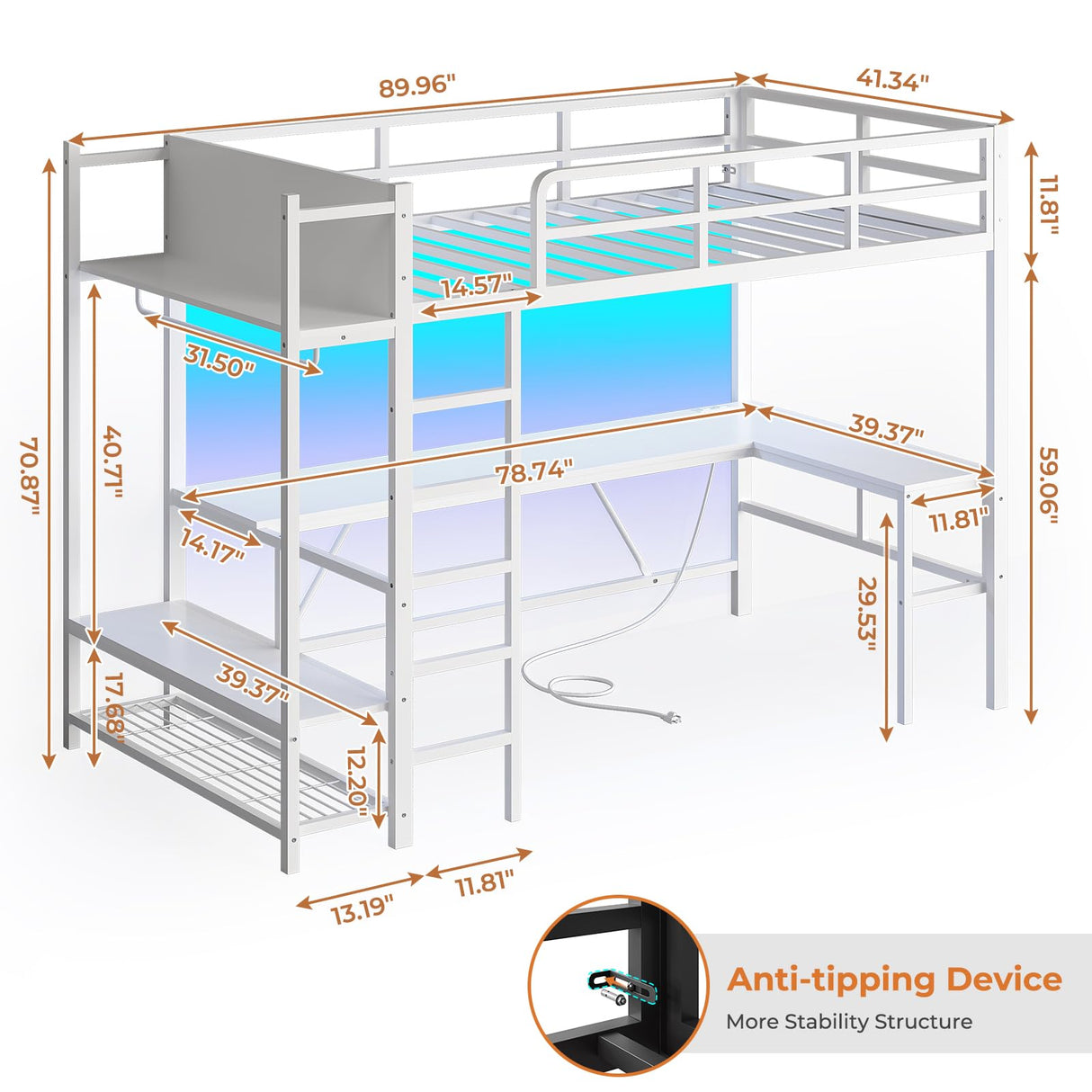Itaar Twin Loft Bed with L-Shaped Desk, LED Lights and Charging Sation, Loft Bed Twin Size with 3-Tier Storage Shelves and Clothes Rail, Safety Guard & Ladder, No Box Spring Needed, White Itaar