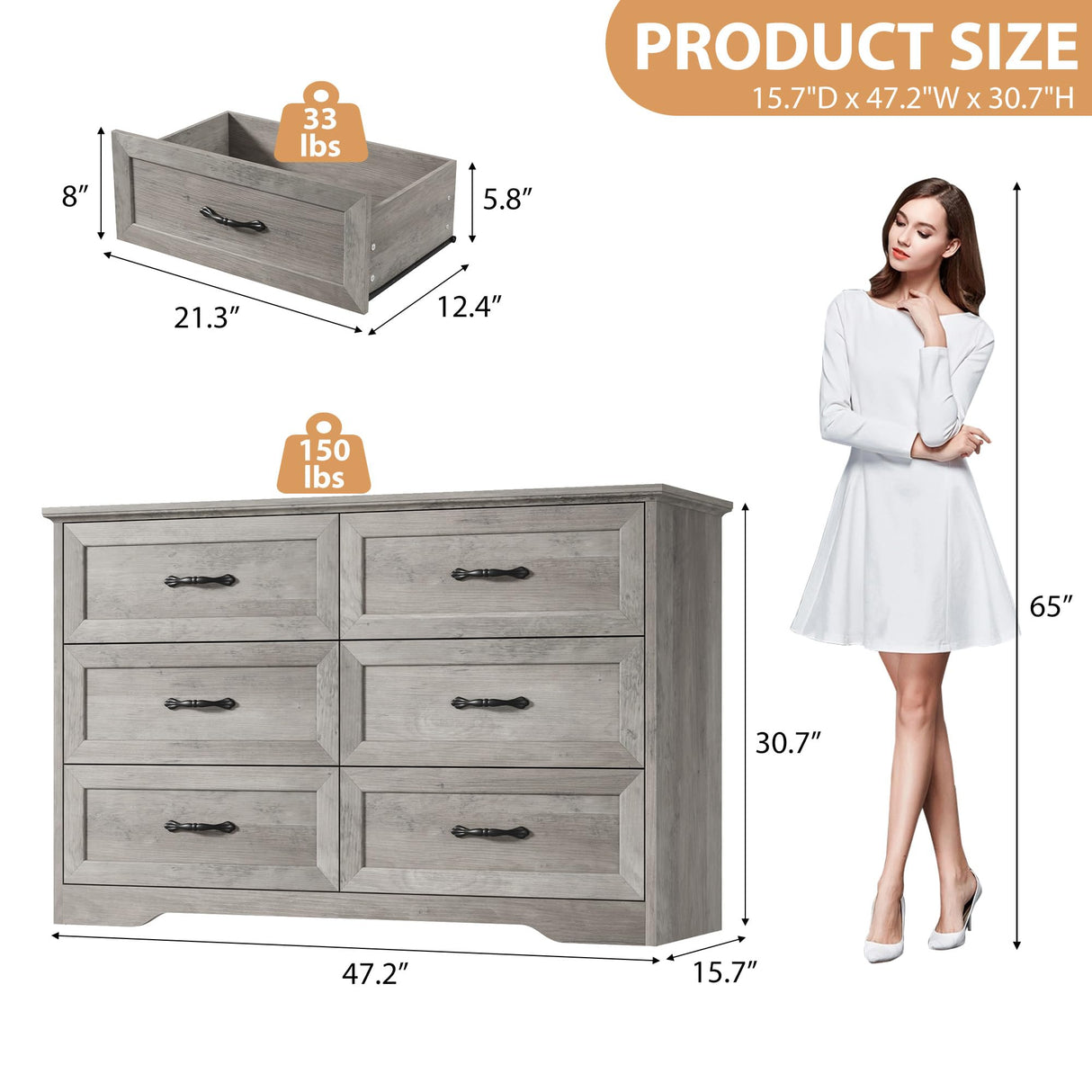 GarveeHome 6 Drawers Dresser for Bedroom,Chest of Drawers with Wide Metal Handle,Farmhouse Modern Wooden Dresser,Natural Texture,Storage Organizer Dresser for Bedroom,Living Room,Kids Room(Grey) GarveeHome