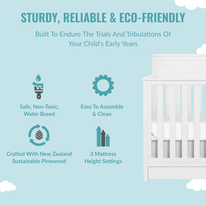 Evolur JPMA & Greenguard Gold Certified Dream On Me Reign 5 in 1 Convertible Crib with Under Drawer in White, Made of Sustainable Pinewood, Non-Toxic Water-Based Paint Finish - WoodArtSupply