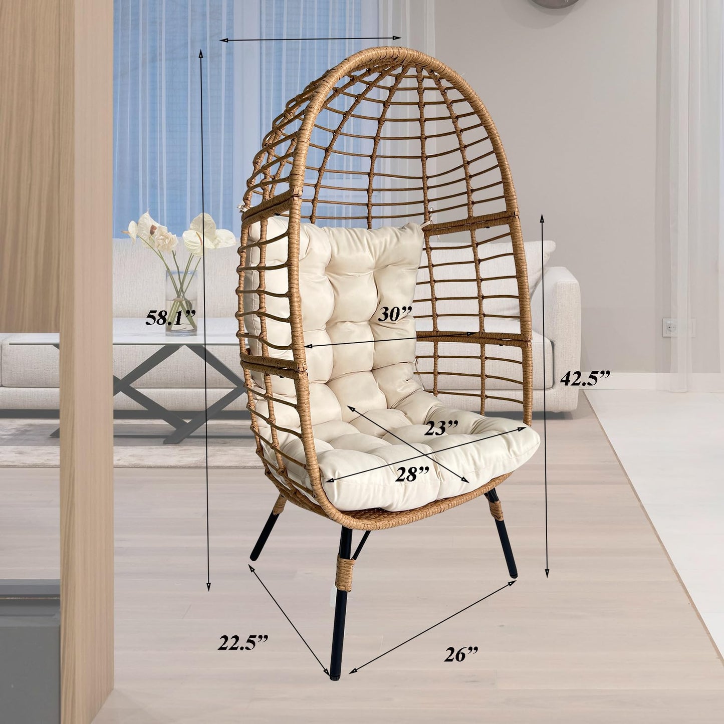 Meluvici Egg Chair Outdoor Indoor, Single Size Rattan Wicker Patio Basket Chair with 330LBS, Egg Lounger Chairs with Stand for Patio, Balcony, Bedroom, Beige