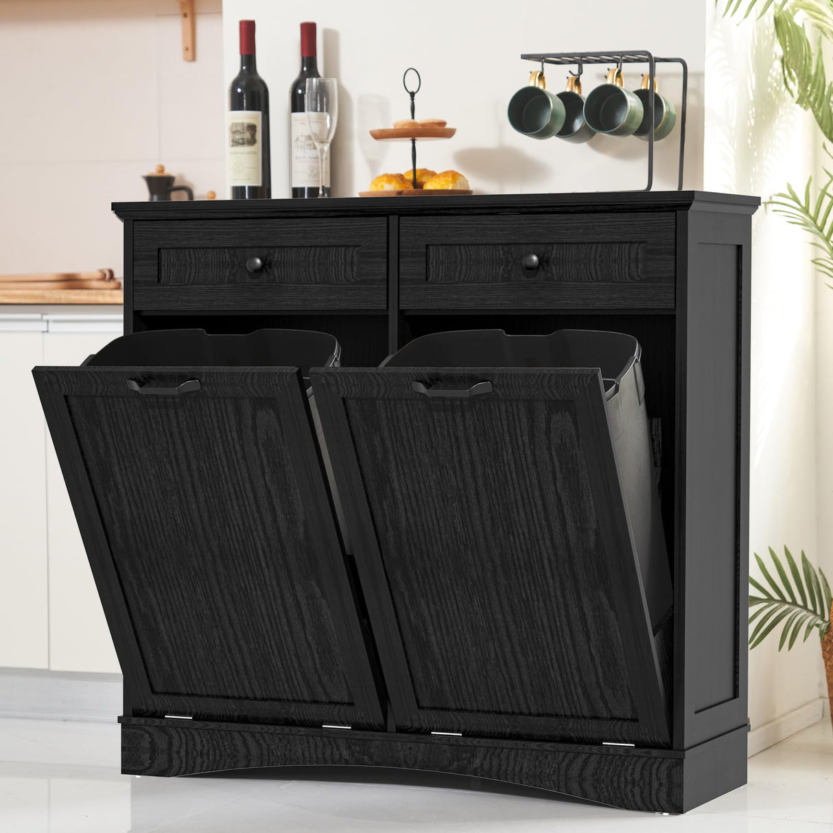 AHB Double Tilt Out Trash Cabinet Freestanding Kitchen Trash Cabinet, 2x13 Gallons Hidden Garbage Recycling Cabinet with Hideaway Drawers Pet Proof Trash Can for Kitchen Living Room, Dark Black AHB