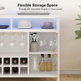 Fluted Home Bar Wine Cabinet with LED Light, Charging Station, Wine Rack - Buffet Cabinet with Storage, Coffee Bar Table, Stylish Fluted Credenza Cabinet for Modern Home Kitchen 47.2" White Svimi