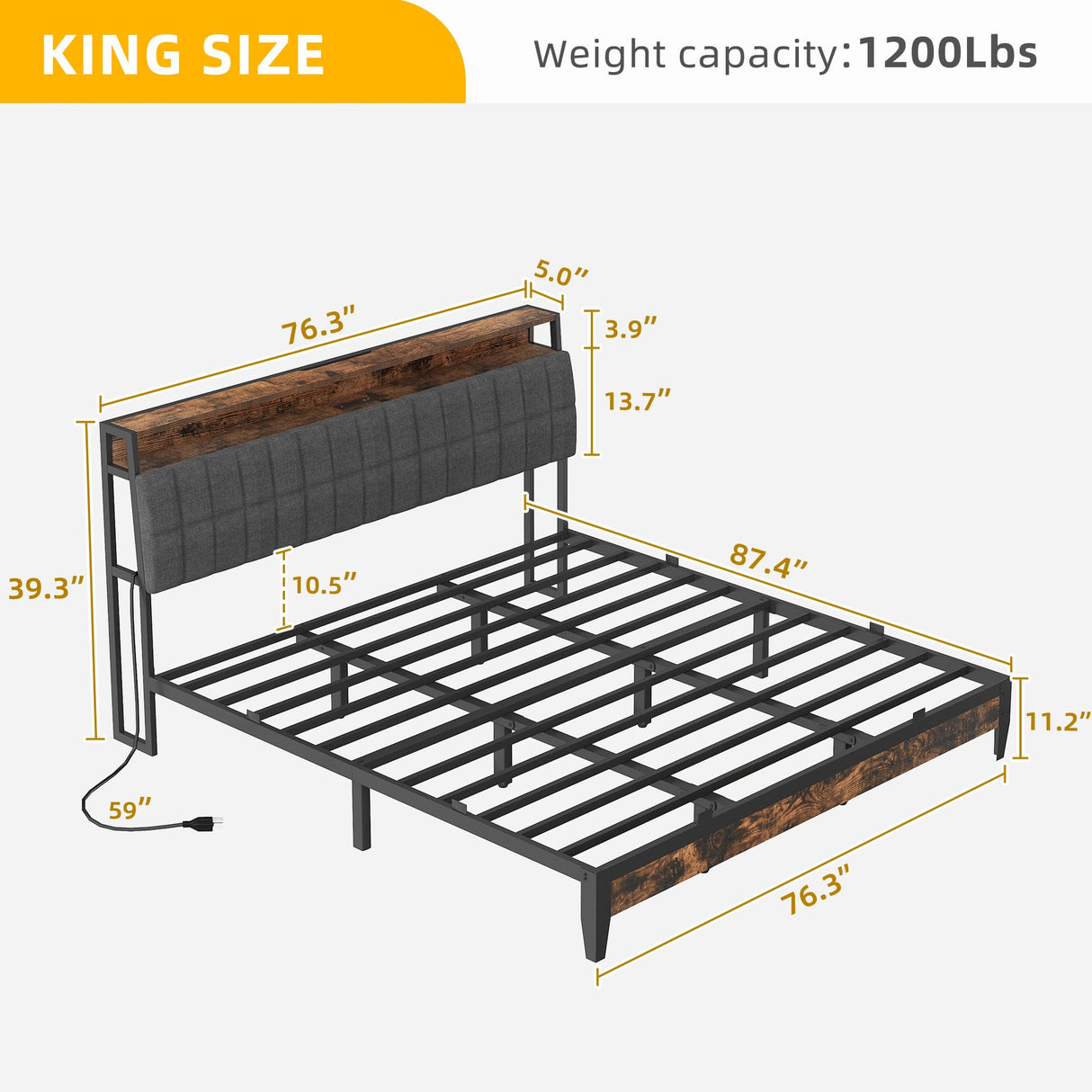 DWVO King Size Bed Frame with Charging Station, 2-Tier Storage Headboard with RGB LED Lights, Linen Upholstered Platform Bed Strong Wooden Slats, No Box Spring Needed Noise Free, Rustic Brown DWVO