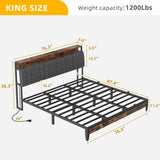 DWVO King Size Bed Frame with Charging Station, 2-Tier Storage Headboard with RGB LED Lights, Linen Upholstered Platform Bed Strong Wooden Slats, No Box Spring Needed Noise Free, Rustic Brown DWVO