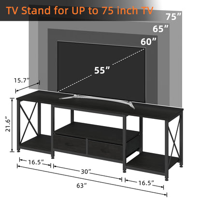 GYIIYUO TV Stand with Fabric Drawers for 65 70 75 Inches TV - Entertainment Center and Industrial TV Console Table with Open Storage Shelves for Living Room, Bedroom - 63.5" Black