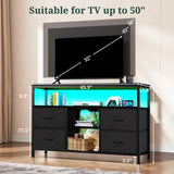 SageNest TV Stand Dresser for Bedroom, Entertainment Center for TV up to 50 inch with LED Lights & Charging Station, Media Console with 4 Fabric Drawers and Open Storage Shelves for Living Room, Black SageNest