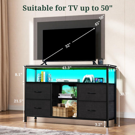 SageNest TV Stand Dresser for Bedroom, Entertainment Center for TV up to 50 inch with LED Lights & Charging Station, Media Console with 4 Fabric Drawers and Open Storage Shelves for Living Room, Black SageNest