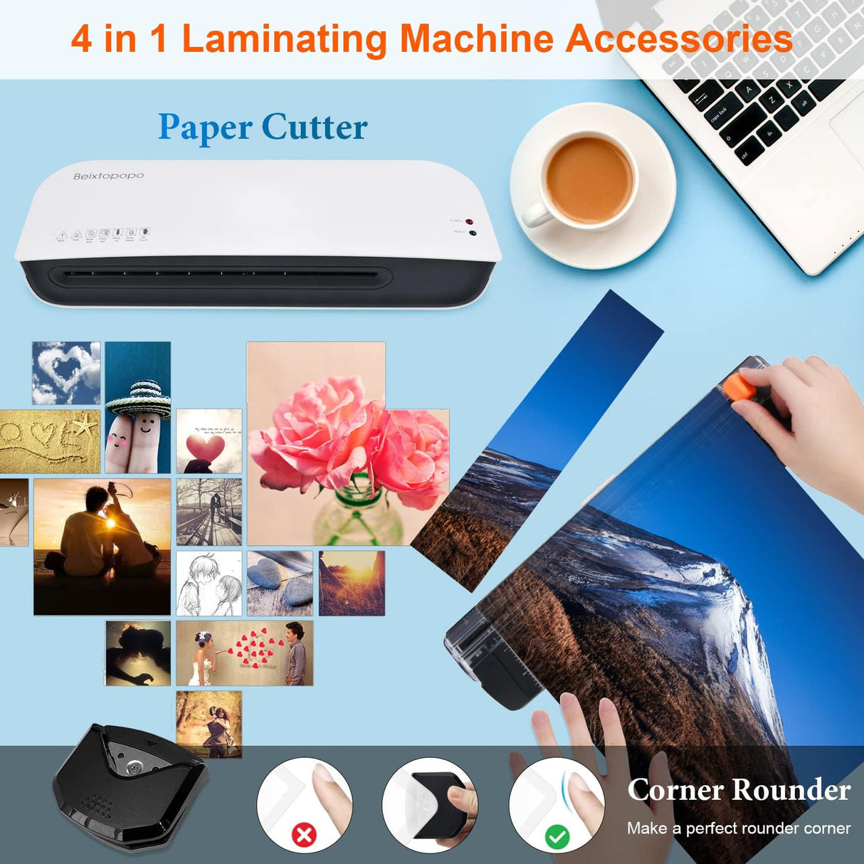 Laminator, A4 Laminater Machine, 9 Inch Thermal Laminater Machine, 4 in 1 Personal Desktop Cold Laminator with Paper Cutter and Corner Rounder 15 Laminating Pouches for Office School Business Use Beixtopopo