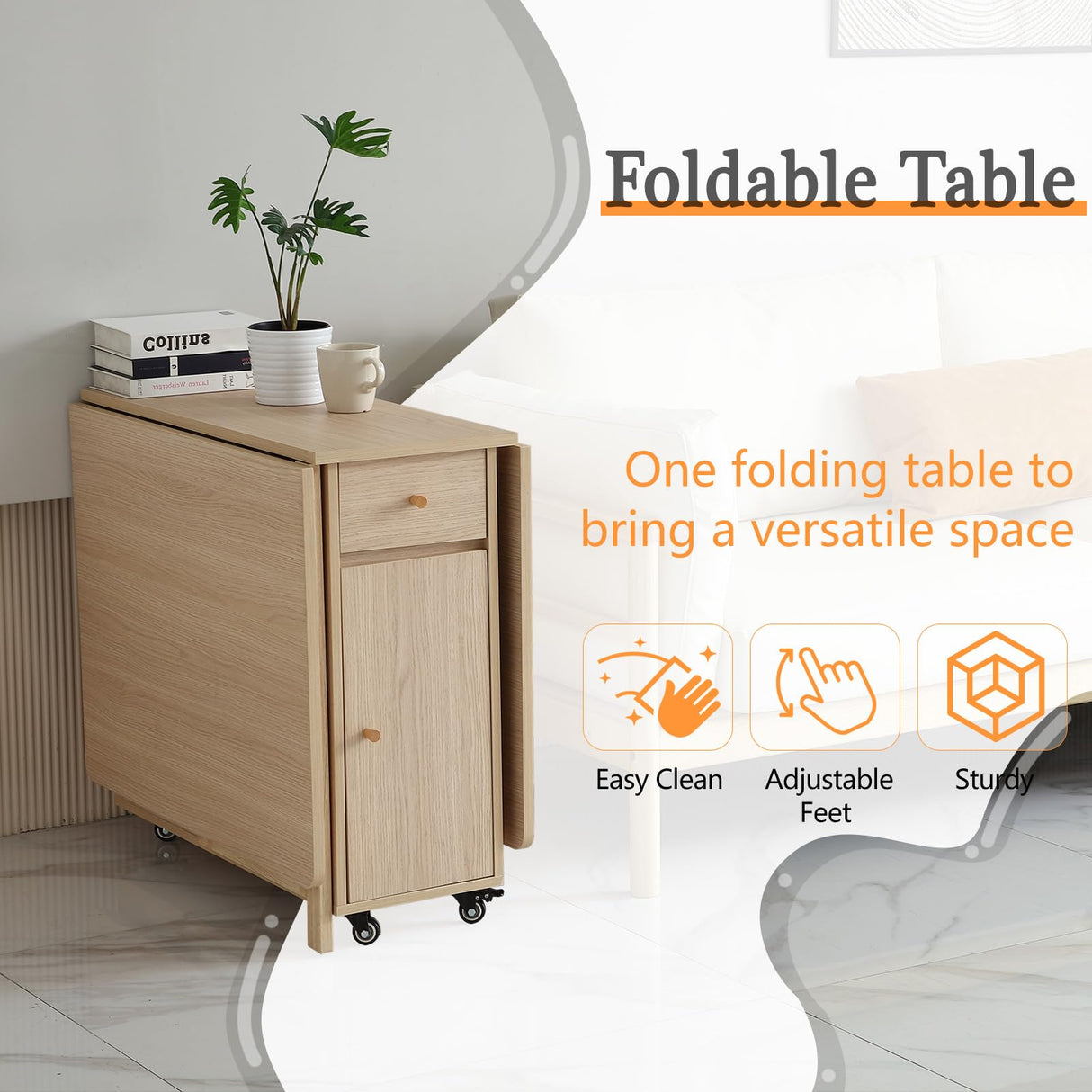 COMUHOME Extendable Drop Leaf Folding Dining Table with 2 Drawers and 4 Wheels for Living Room Kitchen Farmhouse Space Saving Table in Wood Color COMUHOME