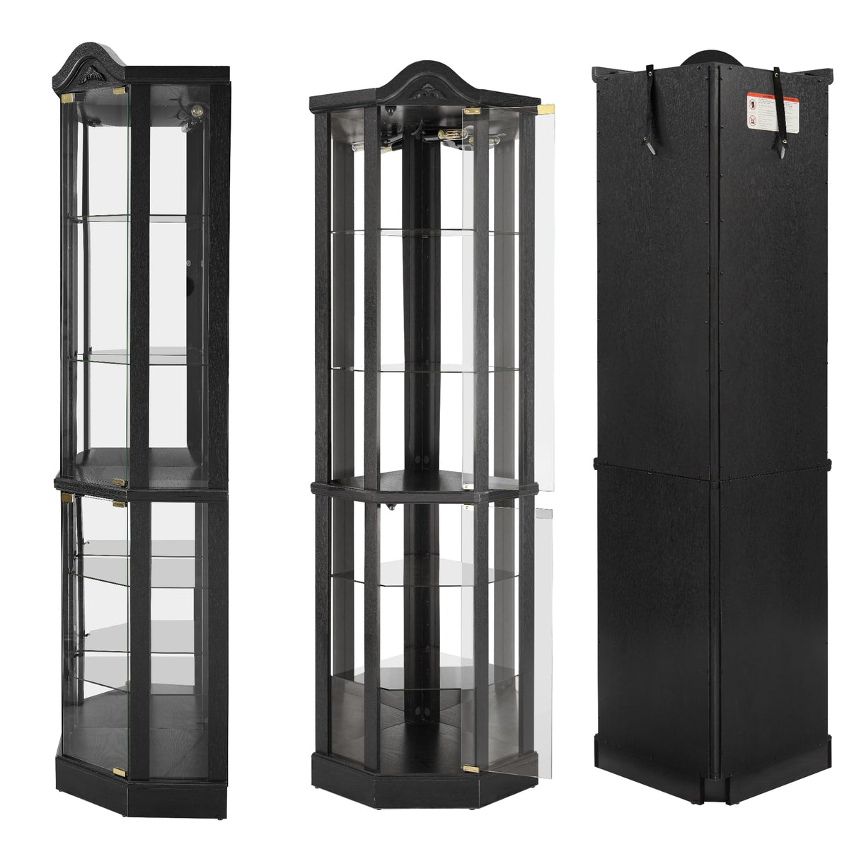 Trygoal 72" H Lighted Wooden Corner Curio Cabinet, Curio Cabinet with Light Bulb, Accent Wooden Corner Case with Glass Doors & Shelves for Living Room, Dining Room, Black Trygoal