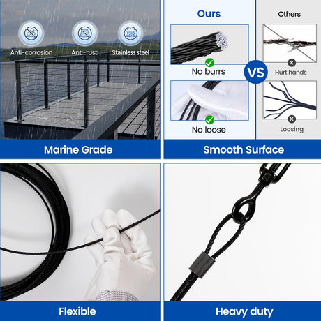 Muzata 600 ft 1/8" Black Stainless Steel Cable Railing System Hardware T316 Stainless Steel Wire Rope 7x7 Strands 1800 lb Breaking Strength Black Cable Railing Kit for Indoor Outdoor WR19 Muzata