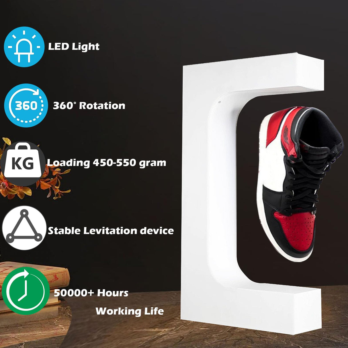 Floating Shoe Display Magnetic Levitating Sneaker Stand Holder Rotation Acrylic Rack with LED Light for Gift Advertising Exhibition Storefront shop up to Size 13 Big Shoes (White Without Shoe) Floatidea