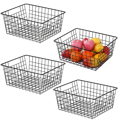 Aeggplant Kitchen Wire Baskets Farmhouse Decor Metal Food Storage Organizer,Household Refrigerator Bin with Built-in Handles for Cabinets,Pantry,Bathroom,Black Aeggplant