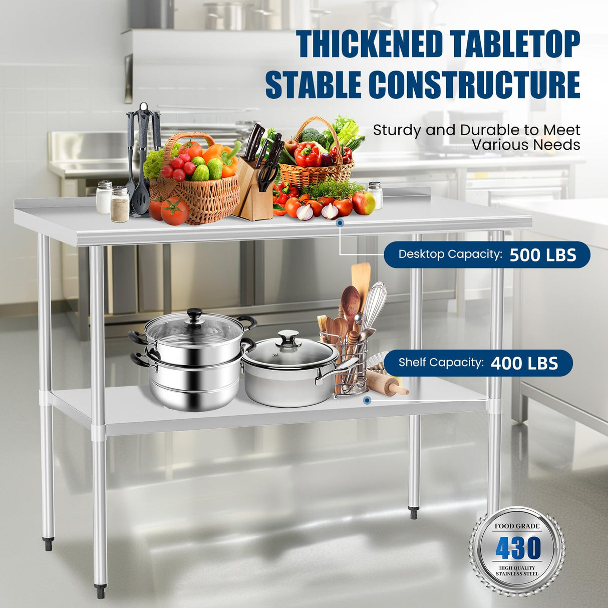 Chingoo Stainless Steel Table 30 x 48 Inches Metal Prep Table with Backsplash & Adjustable Undershelf, Stainless Table for Commercial Kitchen, Outdoor, Restaurant, Hotel & Garage Chingoo