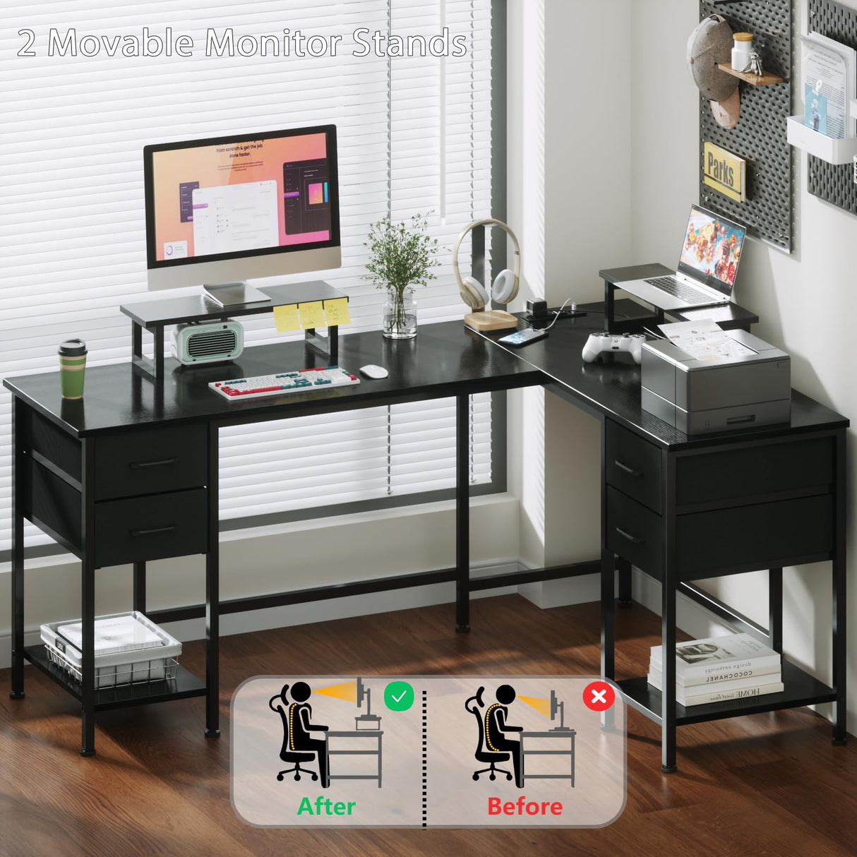 Korfile L Shaped Computer Desk with Power Outlets, Corner Desk with 2 Monitor Stands, Home Office Desk with 4 Adjustable Storage Drawers & Shelves, Large Gaming Desk for Bedroom, 59 inch, Black Korfile